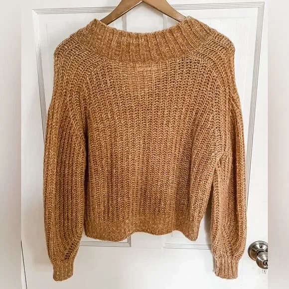 Anthropologie Honore Ribbed V Neck Chunky Knit Wool Sweater in Honey Sz XSP - Picture 7 of 16